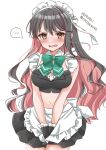  1girl alternate_costume apron black_hair blush bow bowtie breasts cocoperino cowboy_shot dated enmaided fang frilled_apron frills green_bow green_bowtie kantai_collection large_breasts long_hair maid maid_apron maid_headdress multicolored_hair naganami_(kancolle) navel one-hour_drawing_challenge open_mouth pink_hair simple_background solo spoken_blush twitter_username waist_apron white_apron white_background wrist_cuffs yellow_eyes 