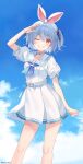  1girl animal_ears belt blue_hair blue_neckerchief blue_ribbon blue_sky blush breasts bunny-shaped_pupils bunny_earrings carrot_hair_ornament choker cloud cloudy_sky collared_shirt commentary contrapposto day earrings feet_out_of_frame food-themed_hair_ornament fukahire_(ruinon) grin hair_ornament hair_ribbon hololive jewelry light_blue_hair looking_at_viewer miniskirt neckerchief official_alternate_costume one_eye_closed outdoors rabbit_ears red_eyes ribbon sailor_collar school_uniform serafuku shirt short_hair short_sleeves short_twintails skirt sky small_breasts smile solo standing symbol-shaped_pupils thick_eyebrows twintails twitter_username usada_pekora virtual_youtuber white_belt white_choker white_shirt white_skirt 