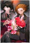  2boys alternate_hairstyle aoki_(fumomo) black_gloves black_hair black_necktie border bouquet brown_eyes brown_hair brown_vest closed_mouth collared_shirt crossed_legs cup drinking_glass flower gloves grey_eyes grey_jacket grey_pants hair_between_eyes highres holding holding_bouquet holding_cup jacket long_sleeves looking_at_viewer male_focus manjoume_jun medium_hair multiple_boys necktie open_clothes open_jacket pants red_flower red_shirt shirt sitting smile spiked_hair vest watch white_border white_shirt wine_glass wing_collar wristwatch yu-gi-oh! yu-gi-oh!_gx yuuki_juudai 