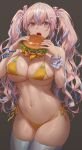  1girl absurdres bangs bare_shoulders bikini blonde_hair blue_hair blush breasts burger cleavage eating food free_style_(yohan1754) highleg highleg_bikini highres large_breasts light_blue_hair long_hair looking_at_viewer multicolored_hair navel open_mouth original sidelocks solo stomach streaked_hair swimsuit thighhighs thighs twintails wavy_hair white_thighhighs yellow_bikini 