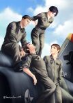  1girl 3boys ace_combat ace_combat_5 aircraft airplane alvin_h_davenport artist_name black_hair blaze_(ace_combat) boots brown_hair cloud cloudy_sky day emblem f-5e_tiger_ii facial_hair fighter_jet haniwakun_2019 hans_grimm highres insignia jet kei_nagase military military_vehicle multiple_boys open_mouth osean_flag outdoors patch pilot pilot_suit short_hair sitting sky sleeves_rolled_up twitter_username wardog_squadron 