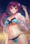  1girl absurdres bikini black-framed_eyewear breasts fate/grand_order fate_(series) glasses green_bikini highres holding holding_eyewear large_breasts long_hair low_ponytail navel purple_hair red_eyes scathach_(fate) scathach_skadi_(swimsuit_ruler)_(fate) scathach_skadi_(swimsuit_ruler)_(second_ascension)_(fate) slime_(user_jpds8754) solo standing swimsuit very_long_hair 