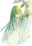  1other ambiguous_gender androgynous bangs commentary_request enkidu_(fate) fate/extra fate/extra_ccc fate/grand_order fate/strange_fake fate/zero fate_(series) green_eyes green_hair light_green_hair light_particles long_hair looking_away parted_lips robe shichimi_(ftlvampire32) smile solo teeth toga upper_body very_long_hair white_robe wide_sleeves 