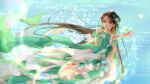  1girl absurdres artist_request baiguio_(zhu_xian) bare_legs bracelet bug butterfly detached_sleeves dress earrings facial_mark forehead_mark green_dress hair_ornament hand_on_own_chest highres jewelry light long_hair open_mouth second-party_source solo teeth upper_body water zhu_xian 