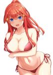  1girl absurdres arms_up bangs bikini blue_eyes blush breasts cleavage collarbone commentary_request go-toubun_no_hanayome hair_ornament highres inanaki_shiki large_breasts long_hair looking_at_viewer nakano_itsuki navel open_mouth red_bikini red_hair side-tie_bikini_bottom sidelocks simple_background solo standing star_(symbol) star_hair_ornament stomach swimsuit white_background 
