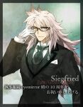  1boy adjusting_eyewear bespectacled black_necktie colored_tips fate/apocrypha fate/grand_order fate_(series) formal glasses green_eyes highres konoe_ototsugu long_hair looking_at_viewer multicolored_hair necktie one_eye_closed siegfried_(fate) smile solo suit tuxedo upper_body white_hair 