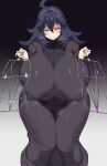  ahoge bangs bikini black_background black_hair breasts breath chamchami clothes_hanger curvy dress dress_shirt gigantic_breasts gradient gradient_background grey_background hair_between_eyes hairband heavy_breathing hex_maniac_(pokemon) highres huge_nipples knees_together_feet_apart long_hair long_sleeves mature_female messy_hair micro_bikini multicolored_background pink_bikini pokemon puffy_nipples purple_eyes shirt simple_background standing steam sweat swimsuit thick_eyebrows tsurime white_background white_bikini yandere_trance 
