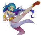  1girl absurdres bare_shoulders blue_hair blush breasts cleavage closed_mouth dress earrings green_eyes high_heels highres jewelry kicking_at_viewer large_breasts leg_up long_hair looking_away offbeat puyopuyo rulue_(puyopuyo) smile solo white_dress 