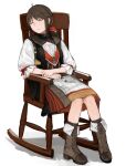  1girl absurdres boots bow brown_hair chair closed_eyes combat_boots dress european_clothes falcon_(girls&#039;_frontline) flat_chest girls&#039;_frontline hair_bow highres open_mouth rampart1028 rocking_chair sitting sleeping solo traditional_clothes white_background 