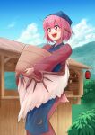  1girl animal_ears apron bird_ears bird_wings blue_apron blush brown_kimono day feathered_wings food_stand hair_between_eyes head_scarf highres holding japanese_clothes kimono long_sleeves mystia_lorelei okamisty open_mouth outdoors pink_hair pink_wings plant0701 red_eyes short_hair smile solo touhou wide_sleeves wings yatai 