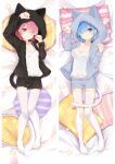  2girls animal_ears arm_up bangs bed_sheet black_cardigan black_shorts blue_eyes blue_hair blunt_bangs breasts cardigan cat_ears cat_tail cleavage collarbone dakimakura_(medium) fake_animal_ears fake_tail from_above full_body grey_cardigan grey_shorts hair_ornament hairclip hooded_cardigan long_sleeves looking_at_viewer lying medium_breasts moeanime multiple_girls on_back open_cardigan open_clothes pillow pink_eyes pink_hair ram_(re:zero) re:zero_kara_hajimeru_isekai_seikatsu rem_(re:zero) shiny shiny_hair shirt short_hair short_shorts shorts sleeveless sleeveless_shirt small_breasts tail thighhighs white_shirt white_thighhighs zettai_ryouiki 