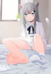  1girl animal_ears aqua_eyes bangs bare_legs barefoot bed_sheet bedroom blue_socks blush cat_ears cat_tail choker closed_mouth commentary_request curtains dress feet foot_focus foreshortening grey_hair grey_socks highres indie_virtual_youtuber indoors kou_futoshi legs legwear_removed looking_at_viewer nachoneko neck_ribbon no_shoes panties pantyshot plant potted_plant ribbon shadow sidelocks single_sock sitting socks soles solo spread_toes striped striped_socks sweatdrop tail thighs toenails toes underwear virtual_youtuber white_dress window 