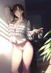  1girl absurdres arm_up bangs bare_legs bed breasts brown_eyes brown_hair can cleavage clock coffee collared_shirt cowboy_shot curtains dappled_sunlight digital_clock dress_shirt drink eyelashes hand_in_own_hair highres holding holding_can holding_drink indoors jun_(seojh1029) long_hair looking_at_viewer medium_breasts morning no_bra no_pants open_mouth original panties parted_lips partially_unbuttoned plant shirt solo straight_hair sunlight thighs underwear weibo_logo weibo_username white_panties white_shirt wing_collar wooden_floor 