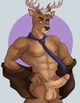  absurd_res anthro balls cervid clothed clothing ear_piercing erection genitals hair half_body half_naked hi_res horn male male/male mammal moschythehyena necktie nipples penis piercing solo solo_focus solo_in_panel white_hair 