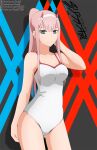  1girl artist_name bangs blank_stare breasts closed_mouth contrapposto copyright_name cowboy_shot darling_in_the_franxx deviantart_username expressionless facebook_username green_eyes hair_between_eyes hair_ornament hairband highres horns long_hair long_neck looking_at_viewer medium_breasts one-piece_swimsuit oni_horns pink_hair pixiv_username ponytail red_horns shadow shugo19 solo straight_hair swimsuit thighs twitter_username watermark white_hairband white_one-piece_swimsuit zero_two_(darling_in_the_franxx) 