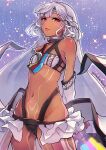  1girl altera_(fate) bangs breasts collarbone dark-skinned_female dark_skin detached_sleeves fate/extella fate/extra fate/grand_order fate_(series) full-body_tattoo headdress highres holding holding_sword holding_weapon kachin looking_at_viewer navel red_eyes revealing_clothes short_hair small_breasts smile solo sword tattoo veil weapon white_hair white_sleeves 