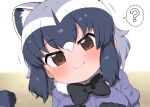  1girl ? animal_ears black_bow black_bowtie blue_hair blue_sweater blush bow bowtie brown_eyes close-up commentary_request common_raccoon_(kemono_friends) extra_ears fang fang_out fur_collar grey_hair highres kemono_friends multicolored_hair puffy_short_sleeves puffy_sleeves raccoon_ears raccoon_girl ransusan short_hair short_sleeves smile solo spoken_question_mark sweater white_fur white_hair 