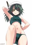  1girl collarbone eyepatch feet_out_of_frame green_eyes green_hair groin hair_between_eyes hat holding holding_weapon kantai_collection kiso_(kancolle) long_hair navel sailor_hat simple_background smirk solo swimsuit takase_muh twitter_username weapon white_background white_headwear 