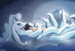  1boy 1girl alolan_ninetales bestiality black_hair blurry blurry_background blush cave commentary completely_nude english_commentary extra_tails fog hair_over_eyes highres hug licking lying mane nude on_back open_mouth pikajota pokemon pokemon_(creature) pokephilia sex snow trembling wavy_mouth 