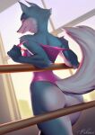  2022 animated anthro butt canid canine canis clothed clothing collaboration countershading digital_media_(artwork) evenesko.d.fox_(artist) female fur illumination_entertainment looking_back mammal pakwan008 porsha_crystal short_playtime sing_(movie) smile solo undressing window wolf 