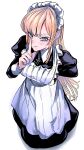  1girl apron blonde_hair blue_eyes finger_to_mouth from_above fufu_(fufuichi04) green_eyes hand_on_hip highres looking_at_viewer looking_up maid maid_headdress original simple_background solo white_background 