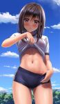 1girl ass_visible_through_thighs bangs black_hair blue_buruma blue_sky blush bra bra_visible_through_clothes breasts brown_eyes buruma buruma_pull clothes_lift cloud commentary_request day gym_uniform highres lifted_by_self long_hair looking_at_viewer navel original outdoors panties parted_lips pink_bra pink_panties shirt_lift sidelocks sky small_breasts solo standing stomach thighs underwear yukemuriganmo 