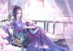  1girl bare_legs bottle cherry_blossoms cup curtains dress food hair_rings hand_fan highres jimo_qingfeng long_hair lying off-shoulder_dress off_shoulder on_side petals plate purple_dress purple_hair qin_shi_ming_yue railing second-party_source smile sweets zi_nu_(qin_shi_ming_yue) 