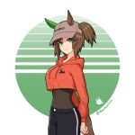  1girl arms_behind_back baseball_cap black_pants blush bodystocking brown_hair brown_headwear casual closed_mouth covered_navel cowboy_shot crop_top crop_top_overhang drawstring ears_through_headwear english_commentary green_background green_eyes hat hood hood_down horse_girl ines_fujin_(umamusume) long_sleeves looking_at_viewer mouhantain one_side_up own_hands_together pants short_hair smile solo transparent_background twitter_username umamusume 