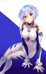  1girl absurdres ayanami_rei bangs blue_hair bodysuit breasts closed_mouth commentary_request expressionless hair_ornament highres interface_headset kachin looking_at_viewer medium_breasts neon_genesis_evangelion plugsuit red_eyes short_hair solo white_bodysuit 