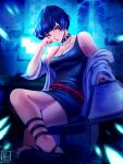  1girl absurdres alina_l bangs bare_legs black_collar black_nails blue_hair blue_sleeves bob_cut closed_mouth collar collarbone crossed_legs head_rest highres holding looking_at_viewer nail_polish orange_eyes persona persona_5 red_lips shiny shiny_hair short_hair short_sleeves sitting solo takemi_tae 