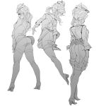  1girl animification apex_legends ass bootlegger_loba boots braid gloves greyscale hair_behind_ear hat high_heels jacket loba_(apex_legends) looking_back looking_down mini_hat monochrome multiple_views official_alternate_costume retro_pppkn shorts smile thigh_boots twin_braids 