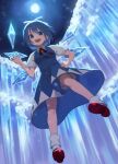  1girl :d bangs bloomers blue_bow blue_dress blue_eyes blue_hair bobby_socks bow breasts cirno cloud dress frills from_below full_moon hair_bow hand_on_hip hand_up highres ice ice_wings iceberg looking_at_viewer moon moonlight neck_ribbon night night_sky open_mouth pinafore_dress puffy_short_sleeves puffy_sleeves red_footwear red_ribbon ribbon shimizu_tomoki shoes short_hair short_sleeves sky small_breasts smile socks solo space star_(sky) starry_sky touhou underwear v-shaped_eyebrows white_socks wings 