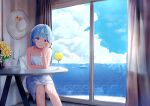  1girl absurdres bendy_straw blue_eyes boat collarbone curtains dress drinking_straw elbow_on_table flower hat hat_removed head_rest headwear_removed highres hololive hoshimachi_suisei indoors karu_(karusenpai) long_hair sailboat sitting sky smile sundress table virtual_youtuber water watercraft white_headwear window 