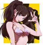  1girl alternate_costume bikini black_eyes border breasts brown_hair cleavage collarbone commentary earrings fingernails highres jewelry kujikawa_rise long_hair looking_at_viewer medium_breasts outside_border persona persona_4 pink_bikini pink_nails shadow simple_background smile solo swimsuit tongue tongue_out twintails umenituru upper_body v white_border yellow_background 
