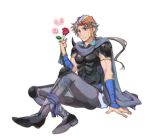  1boy arm_guards armband armor blue_cape boots breastplate brown_eyes cape collared_shirt final_fantasy final_fantasy_ii flower frioniel full_body grey_hair grey_pants head_scarf holding holding_flower knee_pads krudears leg_ribbon low_ponytail male_focus multicolored_clothes multicolored_headwear muscular muscular_male pants red_flower red_rose ribbon rose shirt short_hair_with_long_locks shoulder_armor simple_background sitting smile solo sparkle white_background 