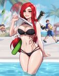  1girl 2boys afterimage alternate_costume aqua_eyes bikini biting black_bikini blue_sky blushyspicy breasts clothes_lift day garen_(league_of_legends) gazebo highres katarina_(league_of_legends) large_breasts league_of_legends lifted_by_self lip_biting long_hair looking_at_another looking_at_viewer multiple_boys navel outdoors palm_tree parted_lips pool poolside red_hair scar scar_across_eye shirt_lift sitting sky solo_focus stomach stomach_tattoo swimsuit tattoo teemo throwing toy_sword tree wading water weapon weapon_on_back 