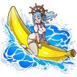  1girl akairiot anchor_choker ass banana_boat barefoot bikini blue_hair blue_nails blush body_writing breasts cleavage collarbone detached_sleeves fishnet_sleeves fishnet_thighhighs fishnets iru_may_(akairiot) large_breasts long_hair looking_at_viewer open_mouth original ponytail purple_eyes sidelocks smile soles solo steering_wheel swimsuit thighhighs water 