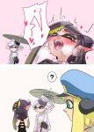  3girls ? absurdres agent_3_(splatoon) aqua_eyes black_gloves blonde_hair blue_headwear blush brown_eyes callie_(splatoon) caught closed_mouth cousins covering_face cross-shaped_pupils ear_blush earrings embarrassed fangs female_masturbation female_orgasm furrowed_brow gloves gradient_hair green_umbrella grey_hair hat highres holding holding_umbrella inkling inkling_girl irohasu_(csah8525) jewelry long_hair looking_at_another marie_(splatoon) masturbation mole mole_under_eye multicolored_hair multiple_girls notice_lines oil-paper_umbrella open_mouth orgasm peaked_cap pointy_ears rubbing_ears short_hair smile speech_bubble splatoon_(series) splatoon_3 split_mouth spoken_question_mark squidbeak_splatoon suction_cups teeth tentacle_hair two-tone_hair umbrella 