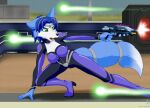  anthro blaster blue_body blue_fur blue_hair breasts canid canine clothed clothing crouching female firing_weapon fox fur hair jorge-the-wolfdog krystal mammal nintendo open_mouth solo star_fox suit video_games white_body white_fur 