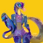  2022 5_fingers anthro blue_eyes claws clothed_bg digital_media_(artwork) female fingers fivel hi_res midriff scales solo yellow_anthro 
