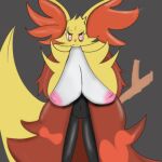  absurd_res animal_humanoid anthro areola black_body black_fur breasts canid canid_humanoid canine canine_humanoid delphox female female/female fox fox_humanoid fur generation_6_pokemon hi_res humanoid looking_at_viewer mammal mammal_humanoid miyang_draws! nintendo nipples open_mouth pink_areola pink_nipples pokemon pokemon_(species) red_body red_eyes red_fur solo video_games yellow_body yellow_fur 
