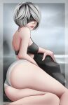 1girl ass bare_arms bare_shoulders black_blindfold black_bra black_hairband blindfold border bra breasts feet_out_of_frame grey_background grey_hair hair_over_one_eye hairband highres jackary medium_breasts nier_(series) nier_automata panties short_hair solo thighs underwear white_panties yorha_no._2_type_b 