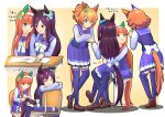  4girls animal_ears aqua_eyes arm_wrap back_bow blue_eyes bow brown_footwear brown_hair closed_mouth crossed_arms daruma_doll ear_bow ear_covers hair_ornament highres horse_ears horse_girl horse_tail loafers long_hair matikanefukukitaru_(umamusume) mejiro_dober_(umamusume) multiple_girls orange_hair purple_eyes purple_serafuku purple_thighhighs school_uniform serafuku shoes side-by-side silence_suzuka_(umamusume) single_ear_cover sitting sitting_on_lap sitting_on_person star_(symbol) star_hair_ornament taiki_shuttle_(umamusume) tail tail_brushing thighhighs tracen_school_uniform two-tone_background umamusume white_bow whitelily_bread 