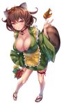  animal_humanoid asian_clothing big_breasts blush breasts brown_hair canid canid_humanoid canine canine_humanoid cleavage clothed clothing digital_media_(artwork) east_asian_clothing female footwear green_clothing green_kimono hair hi_res huge_breasts humanoid japanese_clothing kimono leaf_on_head looking_at_viewer mame_shigaraki mammal mammal_humanoid sandals solo tanuki_humanoid yellow_eyes yuni_homura 