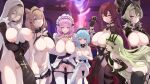  6+girls ahoge animal_ear_fluff animal_ears aponia_(honkai_impact) ass bent_over black_gloves black_hairband black_panties blue_eyes blurry blurry_background blush bow bow_panties breasts bridal_gauntlets brown_hair cat_ears chalice closed_mouth clothes_lift clothes_pull collarbone cup dress dress_lift dress_pull eden_(honkai_impact) elysia_(honkai_impact) elysia_(miss_pink_elf) flower gloves green_eyes grey_eyes griseo hair_between_eyes hair_flower hair_ornament hairband hat highres holding holding_cup honkai_(series) honkai_impact_3rd kanon_12361024 large_breasts lifted_by_self long_sleeves looking_at_viewer medium_breasts mobius_(honkai_impact) mole mole_under_eye multiple_girls navel nipples nun one_eye_closed panties panty_pull pardofelis_(honkai_impact) pelvic_curtain pink_hair pointy_ears pussy red_hair short_hair small_breasts smile thighhighs underwear veil vill-v white_dress white_panties white_thighhighs yellow_eyes 