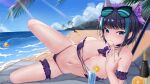  1girl :3 animal_ears aqua_hair arm_behind_back azur_lane bangs bare_shoulders beach beach_chair bikini blue_eyes blue_hair blunt_bangs blurry blurry_foreground bokeh breasts champagne_bottle cheshire_(azur_lane) cheshire_(summery_date!)_(azur_lane) choker cleavage closed_mouth collarbone commentary_request depth_of_field drinking_straw error1945 fake_animal_ears food frills fruit hair_ornament highres innertube large_breasts looking_at_viewer lying manjuu_(azur_lane) multicolored_hair nail_polish navel ocean official_alternate_costume on_side orange_(fruit) orange_slice outdoors palm_tree purple_bikini purple_choker purple_nails rainbow_gradient revealing_clothes sand shadow signature solo spread_legs string_bikini sunglasses swimsuit thigh_strap tree two-tone_hair wet 