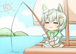  1girl animal_ears closed_eyes closed_mouth crossed_legs earrings fishing_rod hair_ornament holding holding_fishing_rod horse_ears horse_girl jewelry ocean outdoors raft sailor_collar seiun_sky_(umamusume) short_hair single_earring sky solo sun umamusume whitelily_bread 