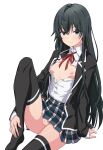  1girl bangs black_eyes black_hair black_jacket black_skirt blazer blush breasts commentary_request dress_shirt highres jacket knee_up long_hair looking_at_viewer miniskirt miyagoe_yoshitsuki neck_ribbon nipples no_bra no_panties partially_unbuttoned plaid plaid_skirt pleated_skirt pussy red_ribbon ribbon school_uniform shirt single_horizontal_stripe sitting skirt small_breasts sobu_high_school_uniform solo thighhighs white_background white_shirt wing_collar yahari_ore_no_seishun_lovecome_wa_machigatteiru. yukinoshita_yukino 