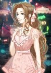  1girl aerith_gainsborough bangs breasts city cleavage cowboy_shot dress earrings final_fantasy final_fantasy_vii final_fantasy_vii_remake flower flower_bracelet flower_earrings flower_necklace frilled_sleeves frills green_eyes hair_ribbon hand_on_own_chest highres jewelry long_hair looking_to_the_side maze_draws medium_breasts neon_lights official_alternate_costume outdoors parted_bangs pink_dress pink_ribbon ponytail ribbon see-through see-through_skirt see-through_sleeves short_sleeves sidelocks skirt smile solo twitter_username wavy_hair 