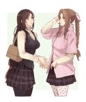  2girls aerith_gainsborough bag bangs black_hair black_pantyhose black_vest border breasts brown_hair cosplay cowboy_shot final_fantasy final_fantasy_vii final_fantasy_vii_remake green_background green_eyes hair_ribbon hand_in_own_hair long_hair long_sleeves low-tied_long_hair medium_breasts multiple_girls niijima_makoto niijima_makoto_(cosplay) okumura_haru okumura_haru_(cosplay) own_hands_together pantyhose parted_bangs perlmuttt persona persona_5 pink_ribbon pink_sweater plaid plaid_skirt pleated_skirt print_legwear puffy_short_sleeves puffy_sleeves red_eyes ribbon school_uniform shirt short_sleeves shoulder_bag shuujin_academy_uniform sidelocks skirt sweater tifa_lockhart turtleneck turtleneck_sweater vest wavy_hair white_shirt 